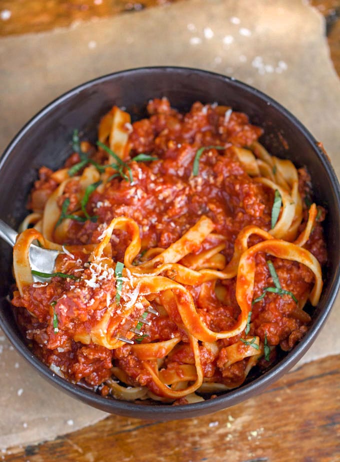 a bowl of pasta with turkey ragu meat sauce