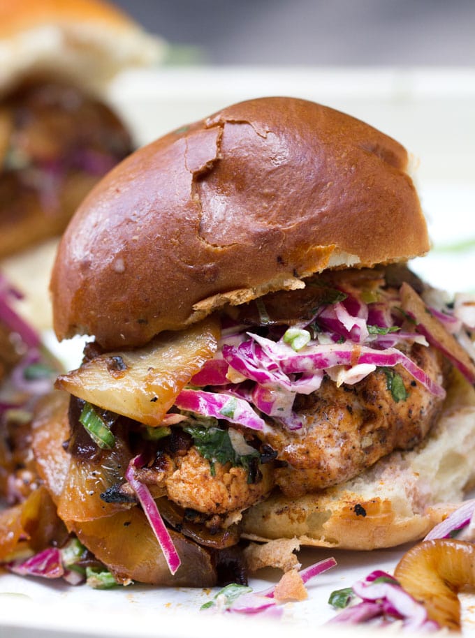 Grilled Chicken Sliders with BBQ Caramelized Onions and Chipotle Coleslaw: The best grilled chicken sandwich ever!