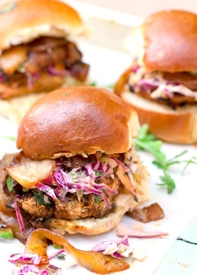 Grilled Chicken Sliders with BBQ Caramelized Onions and Chipotle Coleslaw