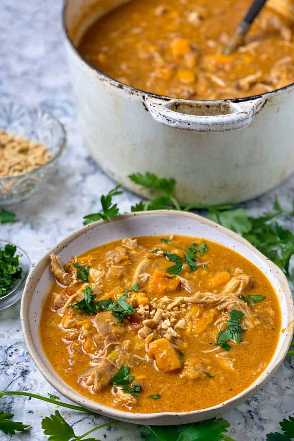 a bowl and part of a pot, both filled with peanut chicken stew with sweet potatoes and sprinkled with chopped cilantro