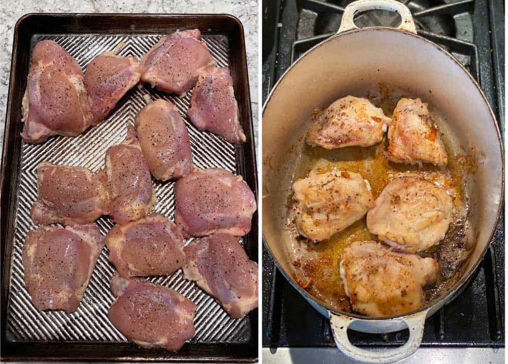 how to season and brown chicken thighs for West African peanut chicken stew. 12 raw bone-in chicken thighs spiced with salt and pepper and then a pot of 6 chicken thighs sauteeing.