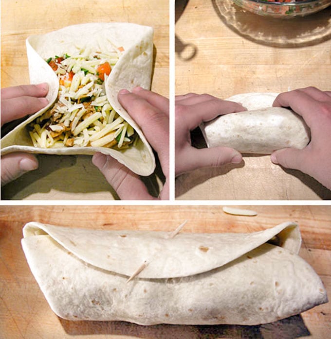 three close up photos that show how to fold and roll a burrito