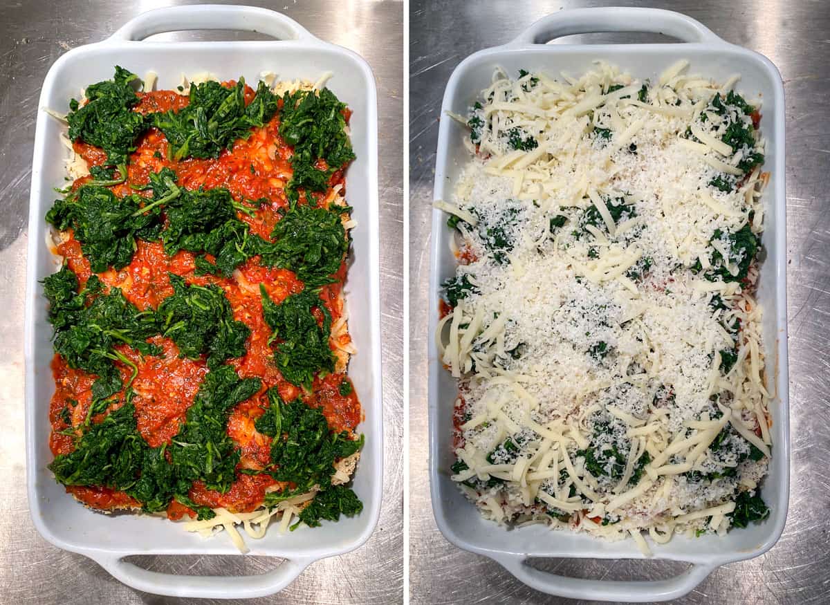 tomato sauce and blobs of chopped spinach in a white rectangular casserole dish, the next photo shows the same casserole with a layer of shredded cheese on top