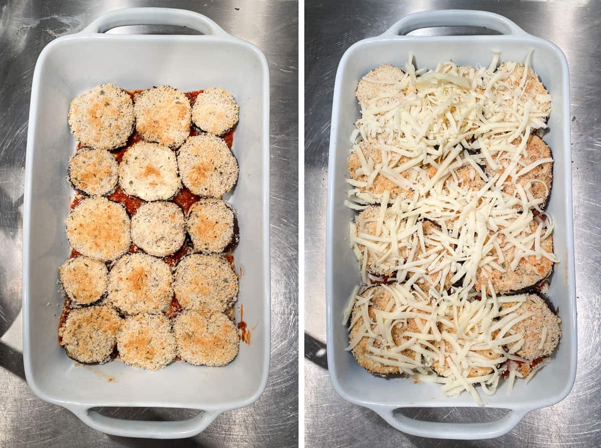 breaded and baked rounds of eggplant lined up in the bottom of a white casserole, then the next photo shows them covered with shredded mozzarella cheese