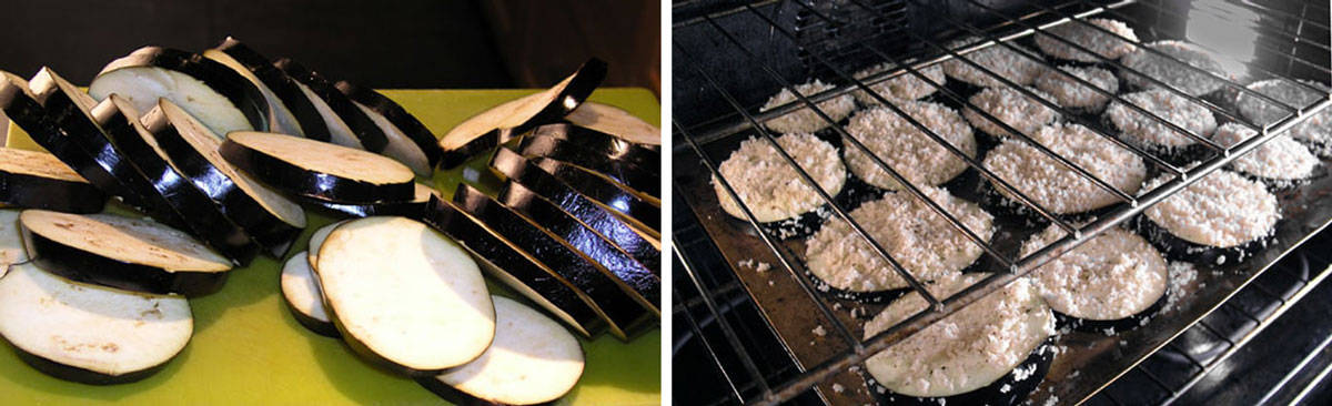 a sliced eggplant and then a photo of the eggplant rounds breaded and baking on a tray in the oven