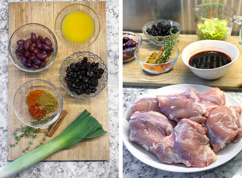 Ingredients for slow cooker chicken thighs: skinless chicken thighs on a plate, little bowls of dried cherries, spices, kalamata olives and orange juice