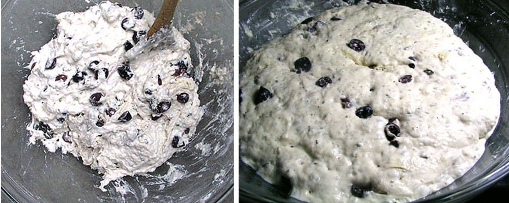 how to make no-knead olive bread, showing the initial dough mixture and then how it looks after a 5 hour rise.