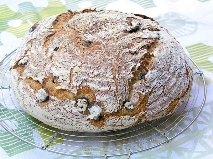 a loaf of homemade no-knead Olive bread on a cooling rack