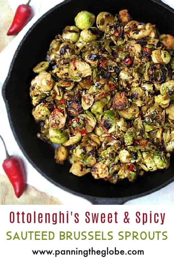 pinterest pin: cast iron skillet filled with sauteed brussels sprouts