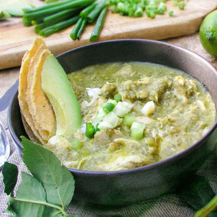 bowl of green chicken stew with garnishes of sliced avocado, sliced corn tortillas and chopped scallions.