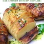 pinterest pin: close up of a Swedish Hasselback Potato