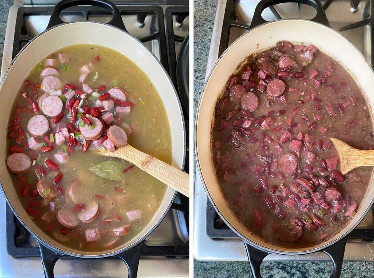 overhead view of red beans and rice ingredients in a Dutch oven, the first photo shows the sausages and beans in broth before simmering, the second photo shows a rich brown broth with beans and sausage after a 2-hour simmer