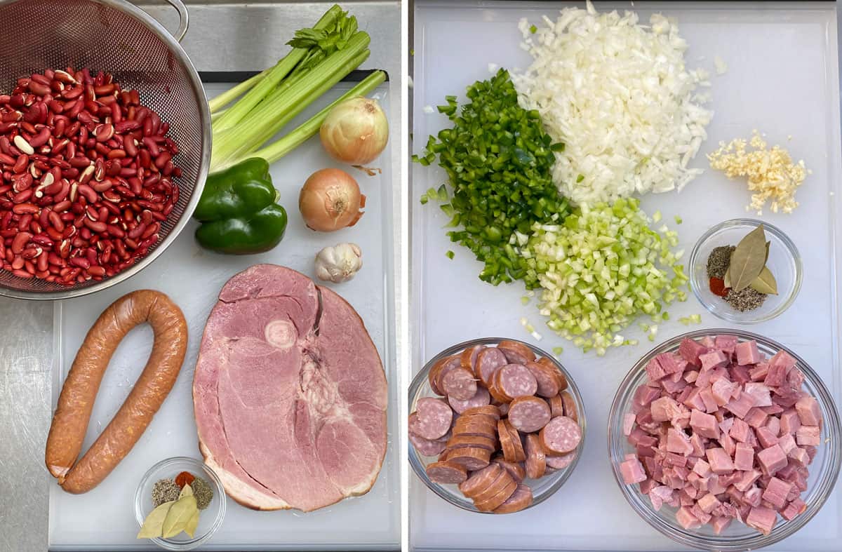 Ingredients for Red Beans and Rice, set out on a white cutting board: a strainer with soaked red beans, a ham steak, a bunch of celery, a green pepepr, a head of garlic, an andouille sausage and a small bowl of spices, then another photo with the same ingredients only everything is now chopped and diced