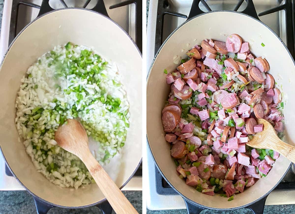 chopped onion, green peppers and celery sauteing in a Dutch oven seen from above, then the same Dutch oven is shown filled with diced ham and sliced sausages added