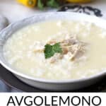 pinterest pin: a bowl of Greek lemon chicken rice soup with two lemons in the background