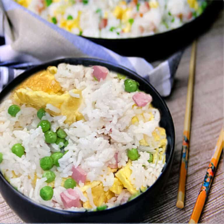 Chinese ham and egg fried rice in a bowl