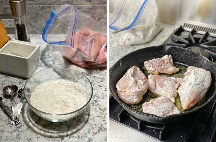 shows how to make a seasoned flour, coat chicken with seasoned flour in a bag, and brown it in a skillet