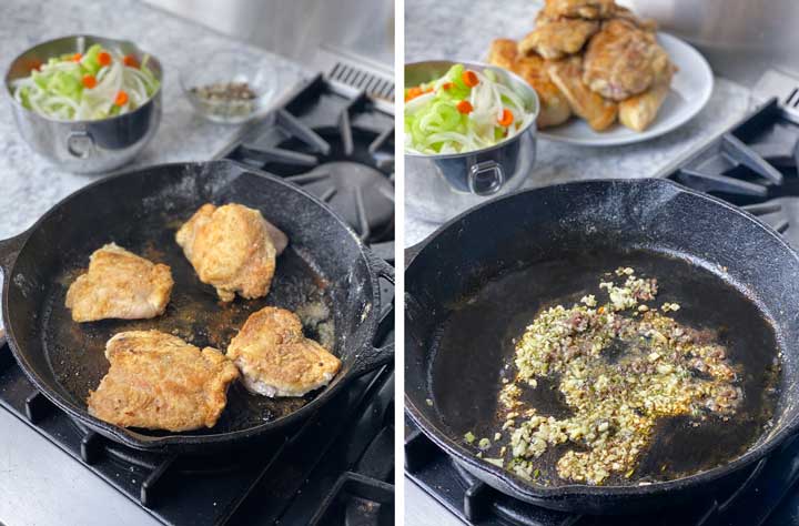 shows how to get chicken golden brown by sautéing it in a skillet, then removing it to sauté armotatics