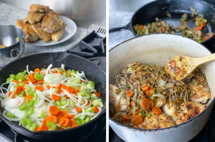 shows how to sauté carrots onions and celery for smothered chicken. Then shows the assembly of the dish with the blanket of veggies scooped over the chicken in a Dutch oven.