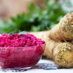 Fresh horseradish sauce with beets is an explosion of color, flavor and heat. Pizzazz for fish, beef or ham. It's a quick easy recipe, great for Passover, Easter, or any occasion.