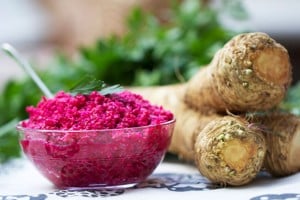 Fresh horseradish sauce with beets is an explosion of color, flavor and heat. Pizzazz for fish, beef or ham. It's a quick easy recipe, great for Passover, Easter, or any occasion.