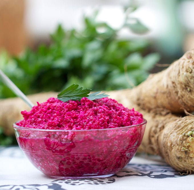 Fresh horseradish sauce with beets is an explosion of color, flavor and heat. Pizzazz for fish, beef or ham. It's a quick easy recipe, great for Passover, Easter, or any occasion.