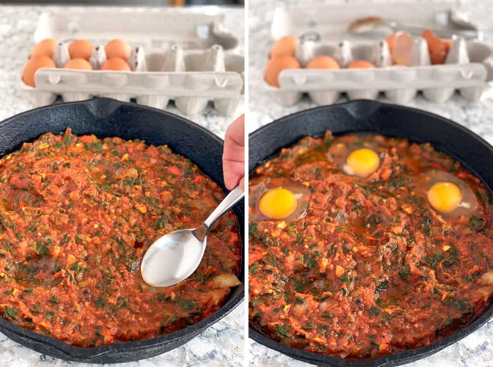 how to make shakshuka: thick tomato sauce in a cast iron skillet with three eggs cracked in, tucked into the sauce.