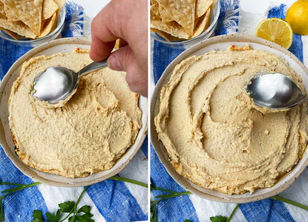 how to serve hummus, using the back of a spoon to make swirly grooves that can be filled with olive oil.