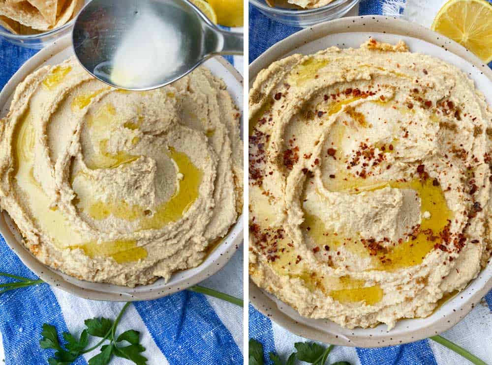 how to serve hummus, garnishing with olive oil and Aleppo pepper