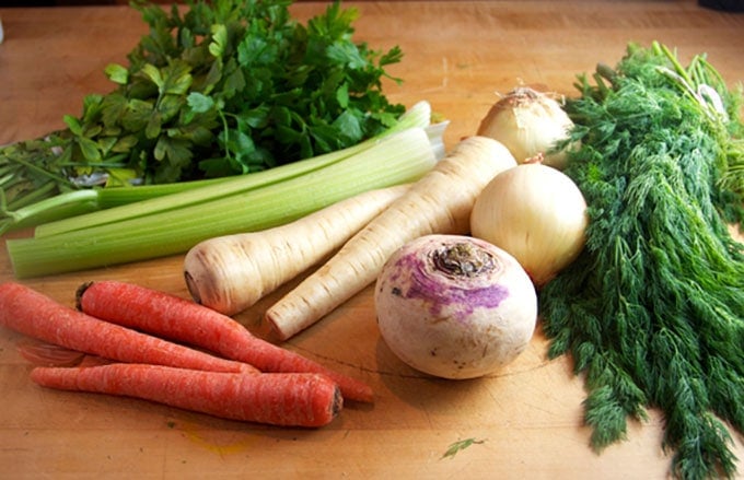 Vegetables for making matzo ball soup, chicken soup with matzo balls