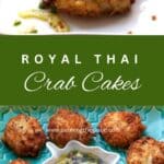 Pinterest pin with a closeup of a crab cake on top and a platter of crab cakes with dipping sauce on the bottom.