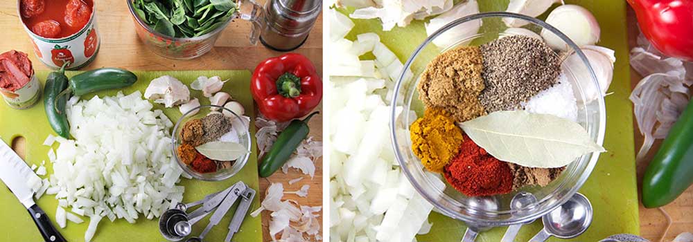 ingredients for making shakshuka: onions, bell peppers, jalapeno, spices