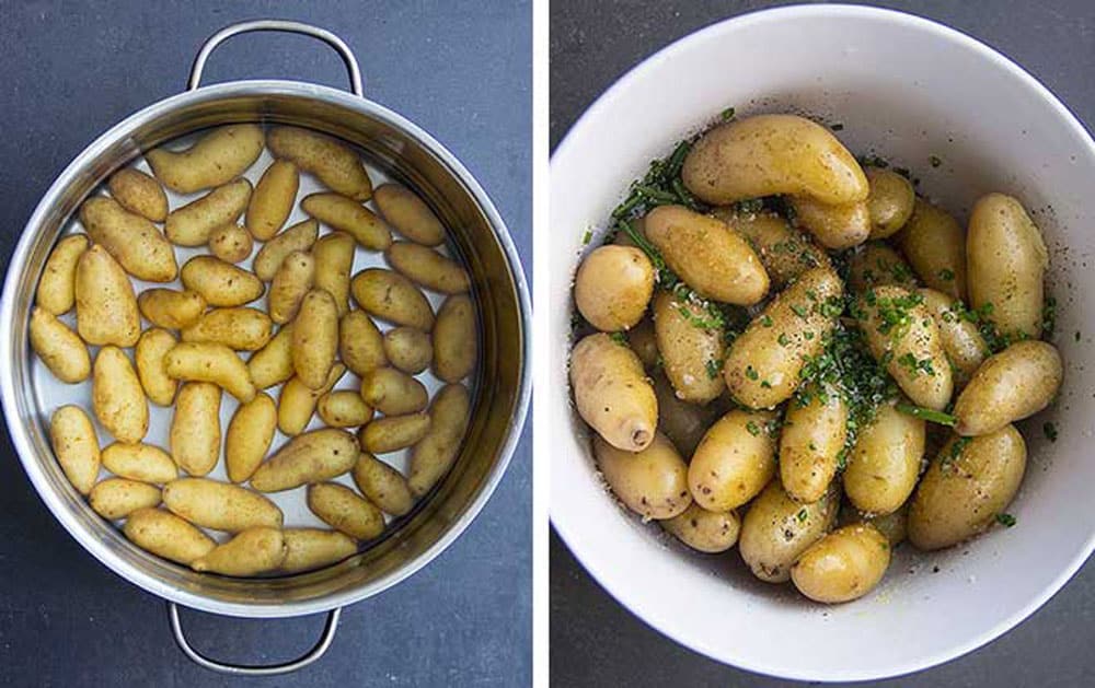 fingerling potatoes being boiled in a pot and then cooked fingerlings in a white bowl sprinkled with chives