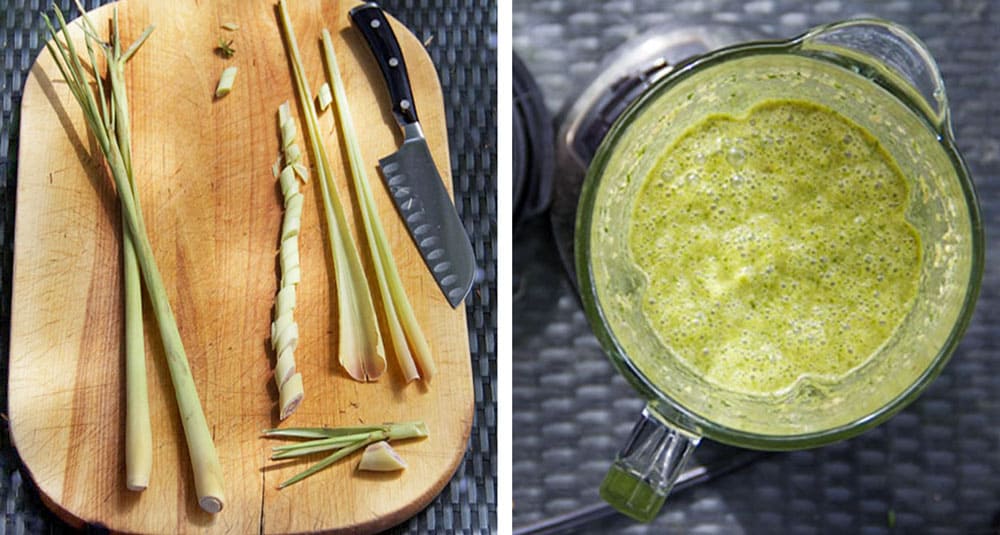 Cutting board with 3 lemongrass stalks, one peeled and sliced, next photos show a pureed green colored marinade in a food processor 