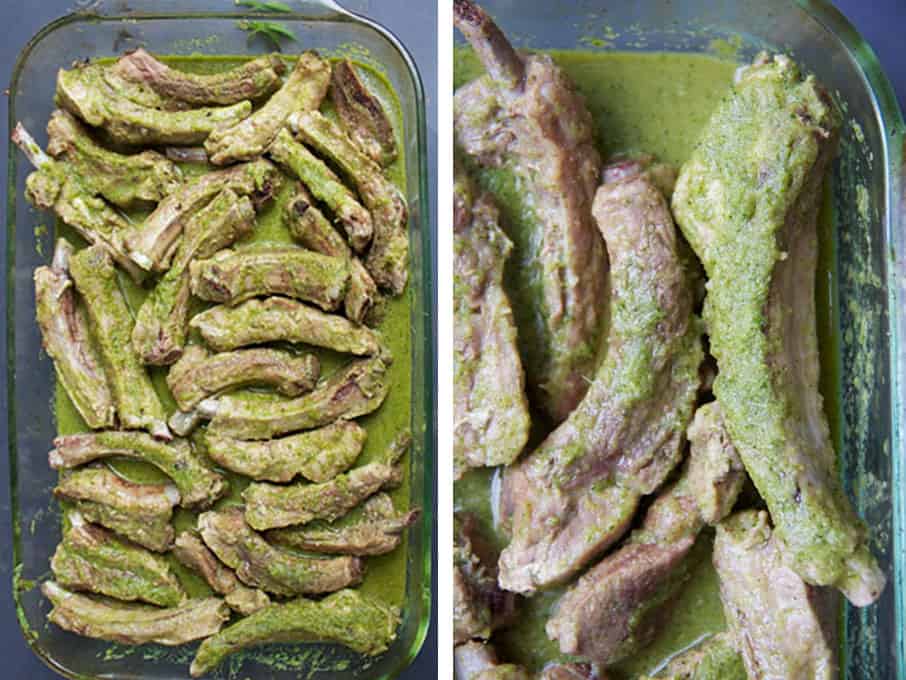 Glass baking dish filled with two racks of individual pork ribs, raw and coated in a green colored Thai marinade, a close up of 5 ribs in the marinade