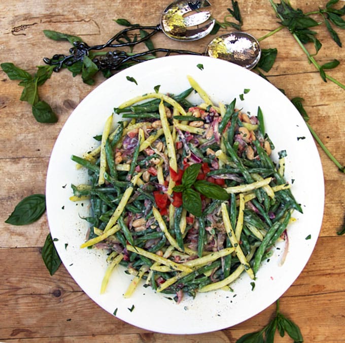 Three Bean Salad with Creamy Lemon Dressing in a big white bowl