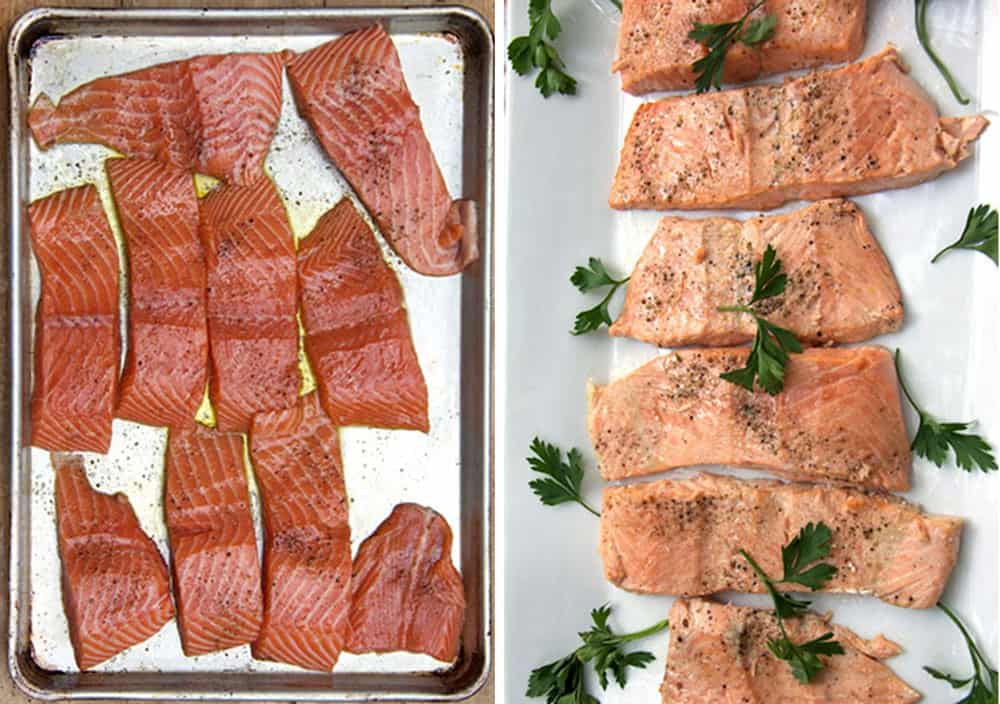 before and after photos of 10 pieces of salmon fillet, first raw on a baking sheet, then cooked on a white platter garnished with sprigs of parsley