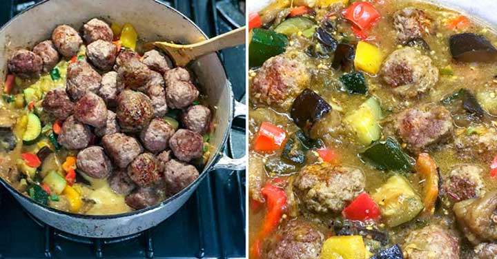 looking into a white Dutch oven to see how to make a stew of Indian spiced lamb meatballs and ratatouille