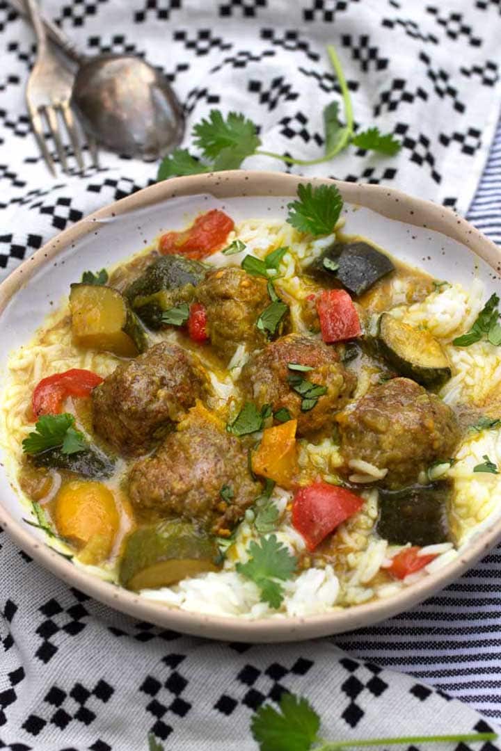 bowl of lamb meatballs and ratatouille stew