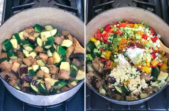 showing two stages of making Indian spiced lamb meatballs with ratatouille, looking down into the white Dutch oven 