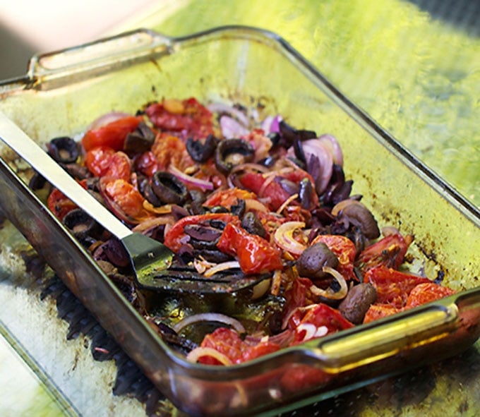 Roasted tomatoes and mushrooms with grilled bread is the absolute BEST spring and summer appetizer. It's like the most delicious bruschetta ever! - Panning The Globe Recipe