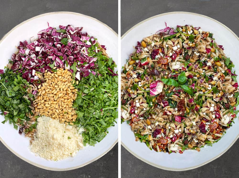 how to make amazing orzo pasta salad, a big bowl of orzo with piles of colorful ingredients on top: arugula, basil, radicchio, parmesan and pine nuts.