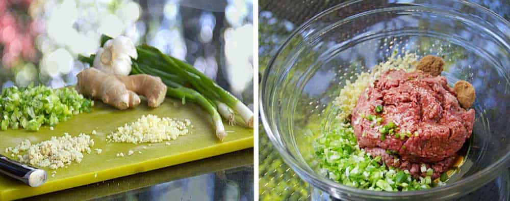 chopped ingredients for Korean burgers on a green cutting board: garlic, ginger, scallions. Then a glass bowl filled with ground beef and chopped ingredients 