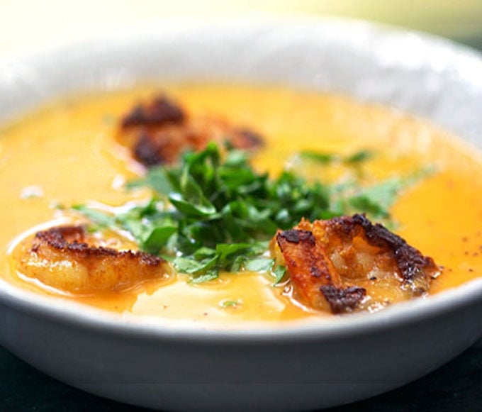 The creamy coconut and sweet potato soup pairs beautifully with zesty spice-crusted shrimp. Delicious and company-worthy. [dairy-free]