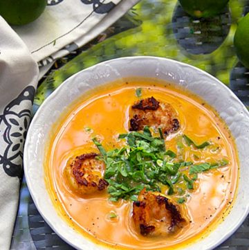 The creamy coconut and sweet potato soup pairs beautifully with zesty spice-crusted shrimp. Delicious and company-worthy. [dairy-free]