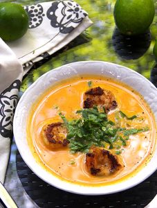 Coconut Sweet Potato Soup with Spicy Shrimp