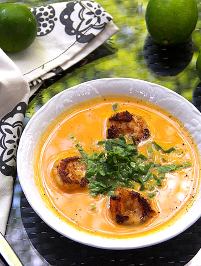 The creamy coconut and sweet potato soup pairs beautifully with zesty spice-crusted shrimp. Delicious and company-worthy. [dairy-free]