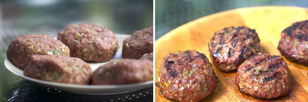 4 raw Korean burgers on a plate, then 4 grilled Korean burgers on a wooden tray