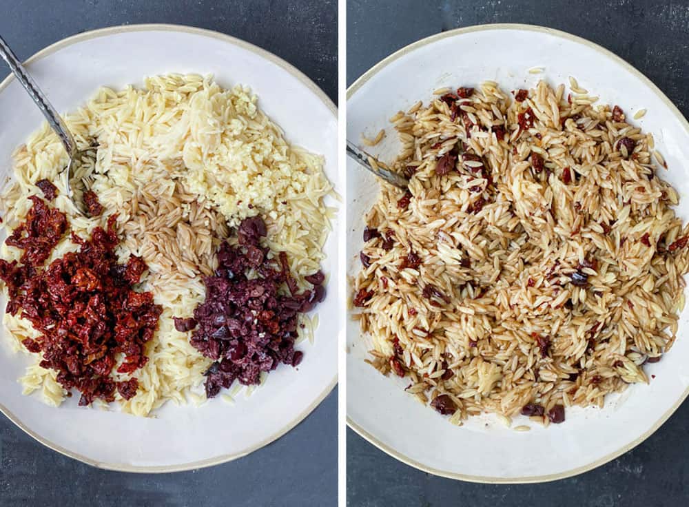 how to make orzo pasta salad, showing the orzo with chopped sun dried tomatoes, chopped olives, and balsamic dressing