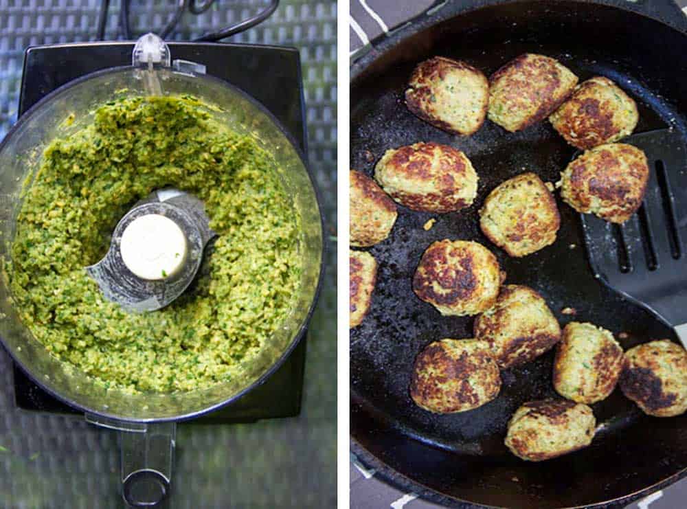 How to make turkey falafel meatballs, pureeing in the food processor and sautéing in a skillet